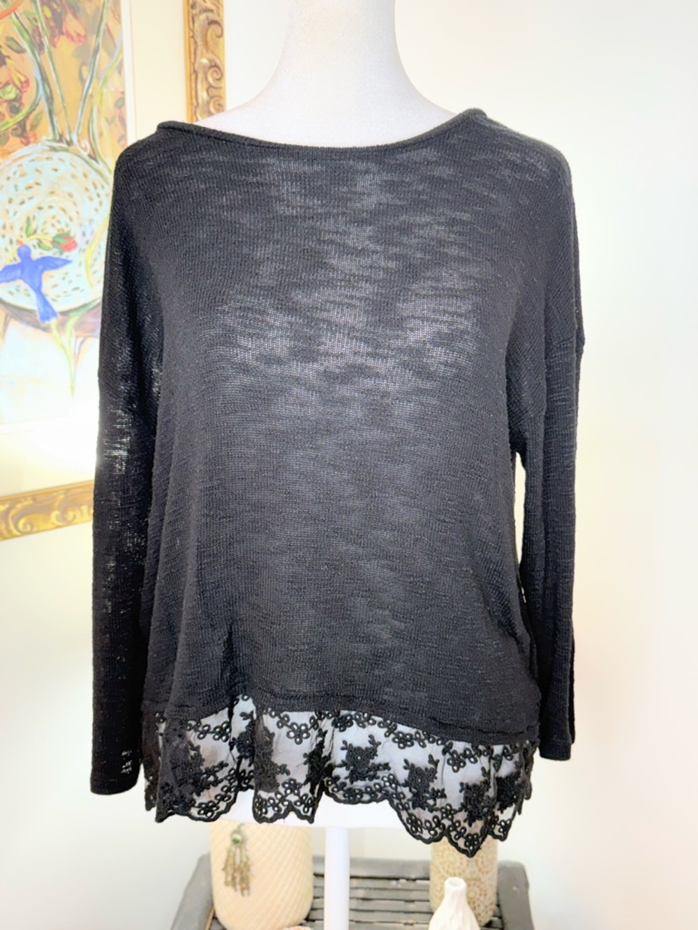 H&M Divided Black Sheer Knit Lace Hem Sweater Top Women’s Small Boho Goth